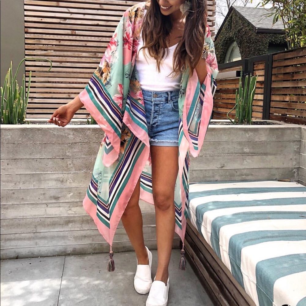 Floral Stripe Kimono Cover-Up in Pink and Mint